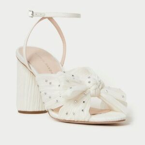 Camellia Pleated Knot Heeled Sandal with Ankle Strap and Rhinestones